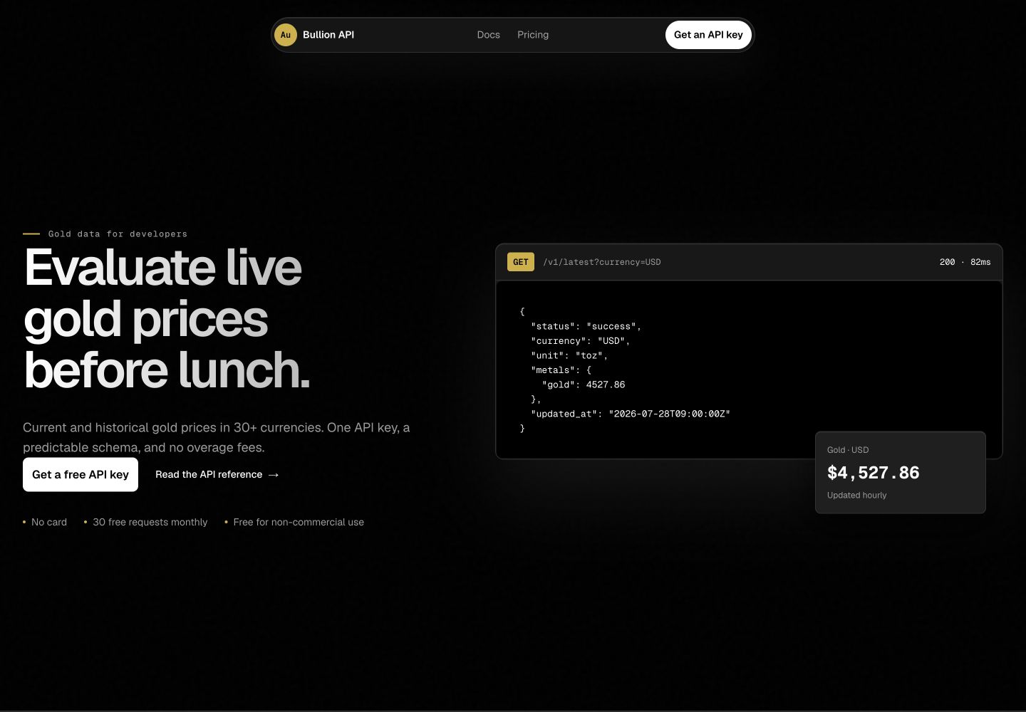 Bullion API homepage showing its live gold price API response