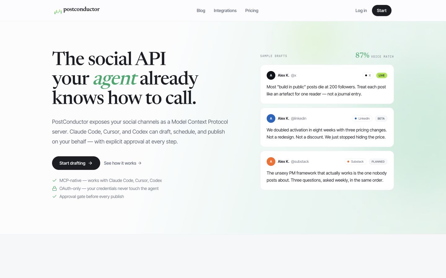 PostConductor homepage introducing its agent-ready social API